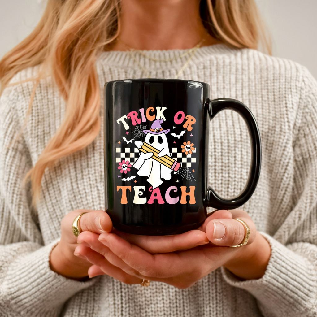 Teacher Halloween Trick or Teach Mug, Halloween Funny Retro Ghost Teacher Coffee Mug