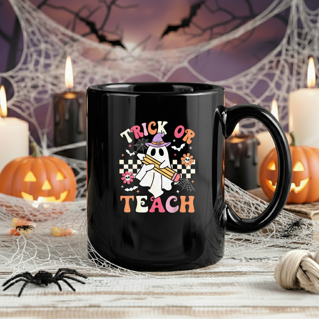 Teacher Halloween Trick or Teach Mug, Halloween Funny Retro Ghost Teacher Coffee Mug