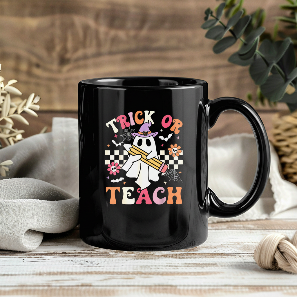 Teacher Halloween Trick or Teach Mug, Halloween Funny Retro Ghost Teacher Coffee Mug