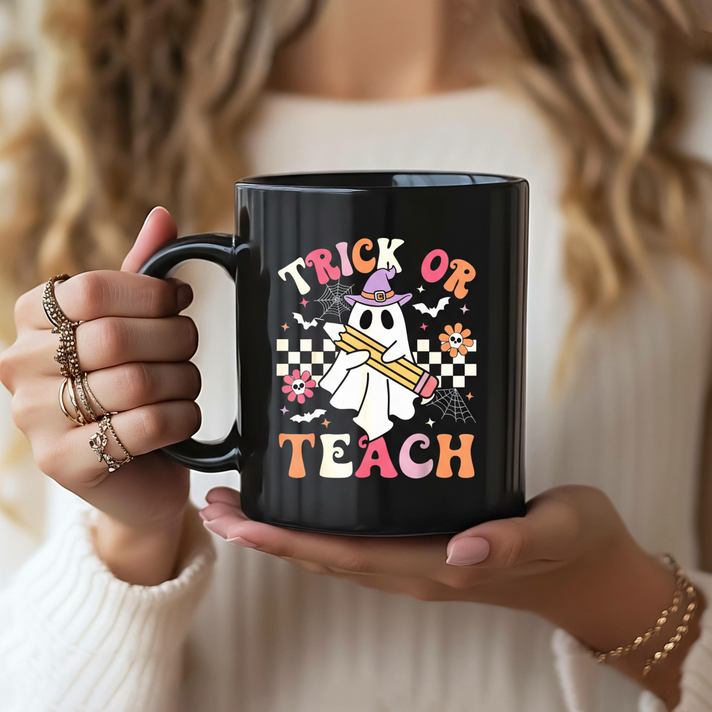 Teacher Halloween Trick or Teach Mug, Halloween Funny Retro Ghost Teacher Coffee Mug