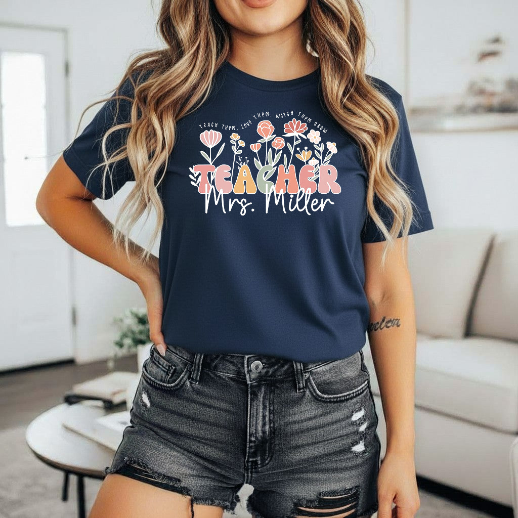 Wildflower Teacher Name Shirt, Custom Name Teacher T-Shirt, Sweatshirt, Hoodie - Teacher Appreciation Gifts, Customized Christmas Teacher Gift, Personalized Teacher Flower Shirt