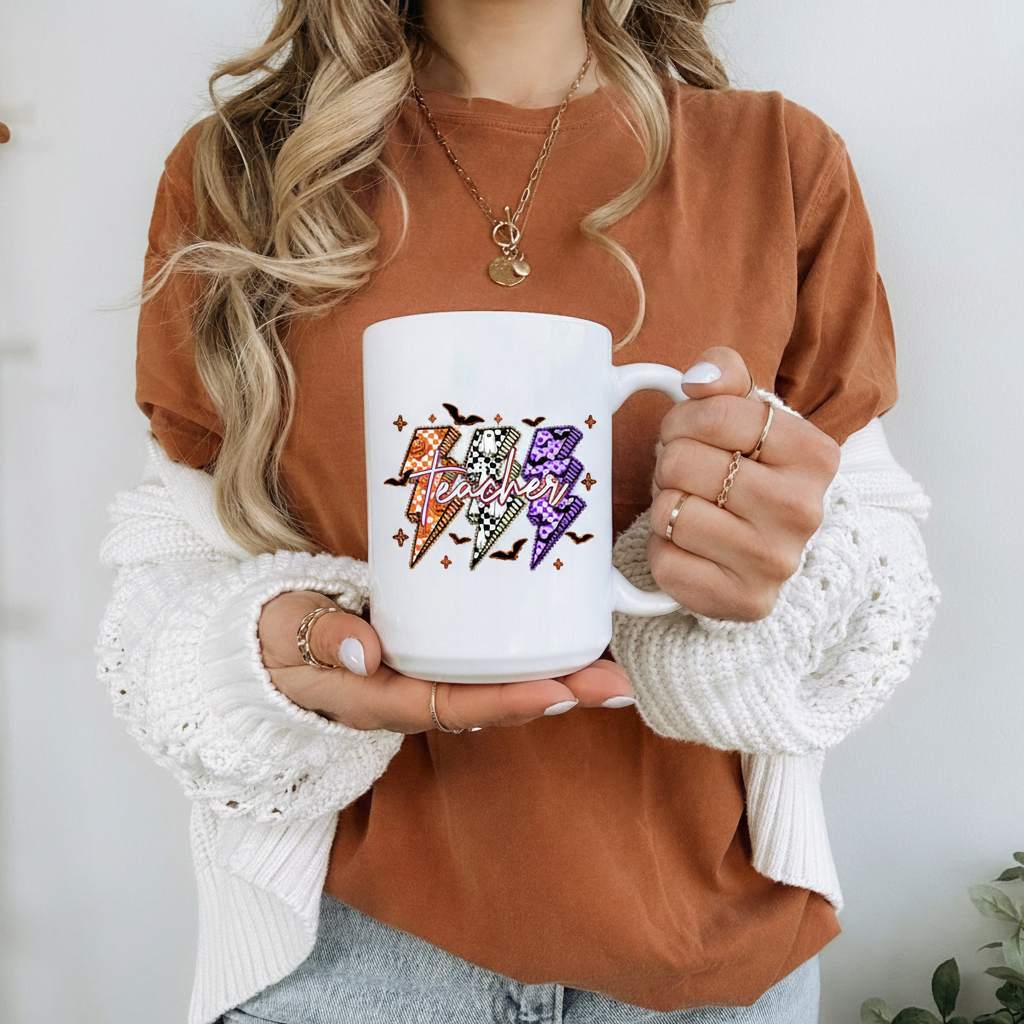 Lightning Teacher Ghost Boo Pumpkin Mug, Teacher Halloween Coffee Mug - Halloween Spooky Teacher Mug