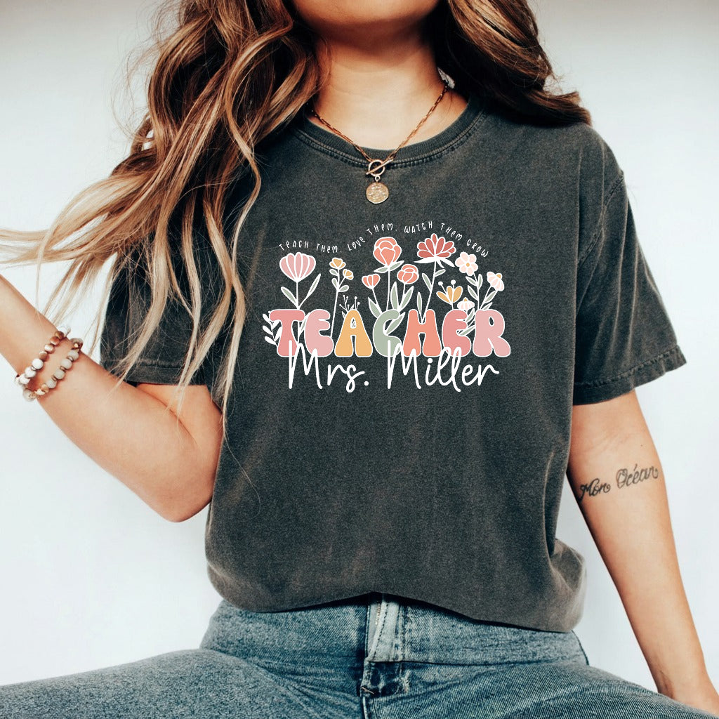Wildflower Teacher Name Shirt, Custom Name Teacher T-Shirt, Sweatshirt, Hoodie - Teacher Appreciation Gifts, Customized Christmas Teacher Gift, Personalized Teacher Flower Shirt