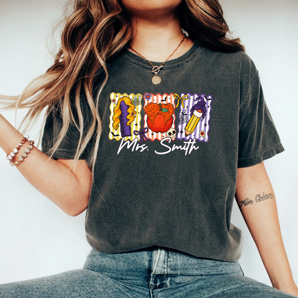 Custom Teacher Halloween Shirt, Custom Name Teacher T-Shirt, Sweatshirt, Hoodie - Personalized Halloween Spooky Teacher, Teacher Witch Shirt