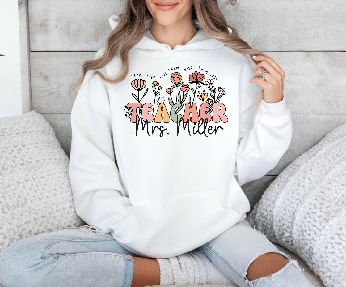 Wildflower Teacher Name Shirt, Custom Name Teacher T-Shirt, Sweatshirt, Hoodie - Teacher Appreciation Gifts, Customized Christmas Teacher Gift, Personalized Teacher Flower Shirt