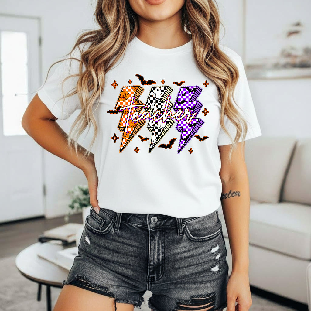 Lightning Teacher Ghost Boo Pumpkin Shirt, Teacher Halloween T-Shirt, Sweatshirt, Hoodie - Halloween Spooky Teacher Shirt