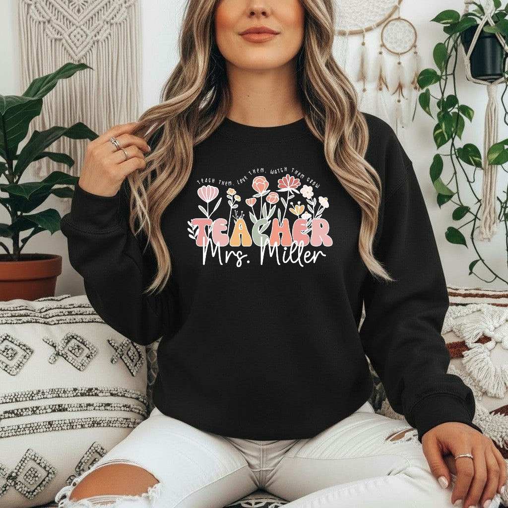 Wildflower Teacher Name Shirt, Custom Name Teacher T-Shirt, Sweatshirt, Hoodie - Teacher Appreciation Gifts, Customized Christmas Teacher Gift, Personalized Teacher Flower Shirt