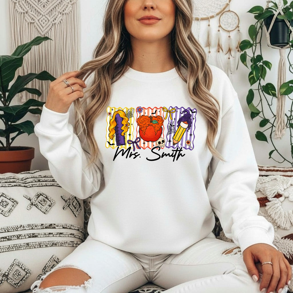 Custom Teacher Halloween Shirt, Custom Name Teacher T-Shirt, Sweatshirt, Hoodie - Personalized Halloween Spooky Teacher, Teacher Witch Shirt