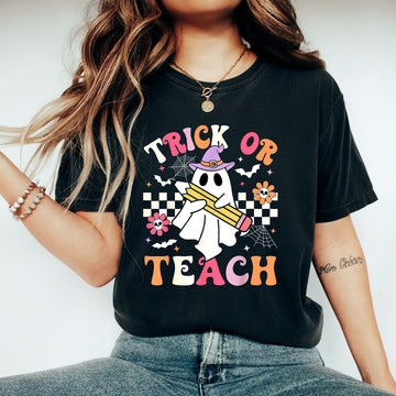 Teacher Halloween Trick or Teach T-Shirt Sweatshirt Hoodie, Halloween Funny Retro Ghost Teacher Shirt