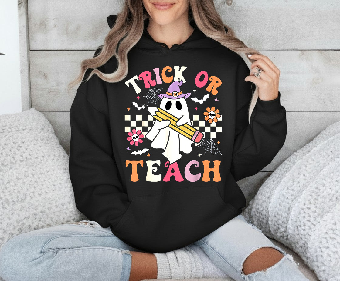 Teacher Halloween Trick or Teach T-Shirt Sweatshirt Hoodie, Halloween Funny Retro Ghost Teacher Shirt