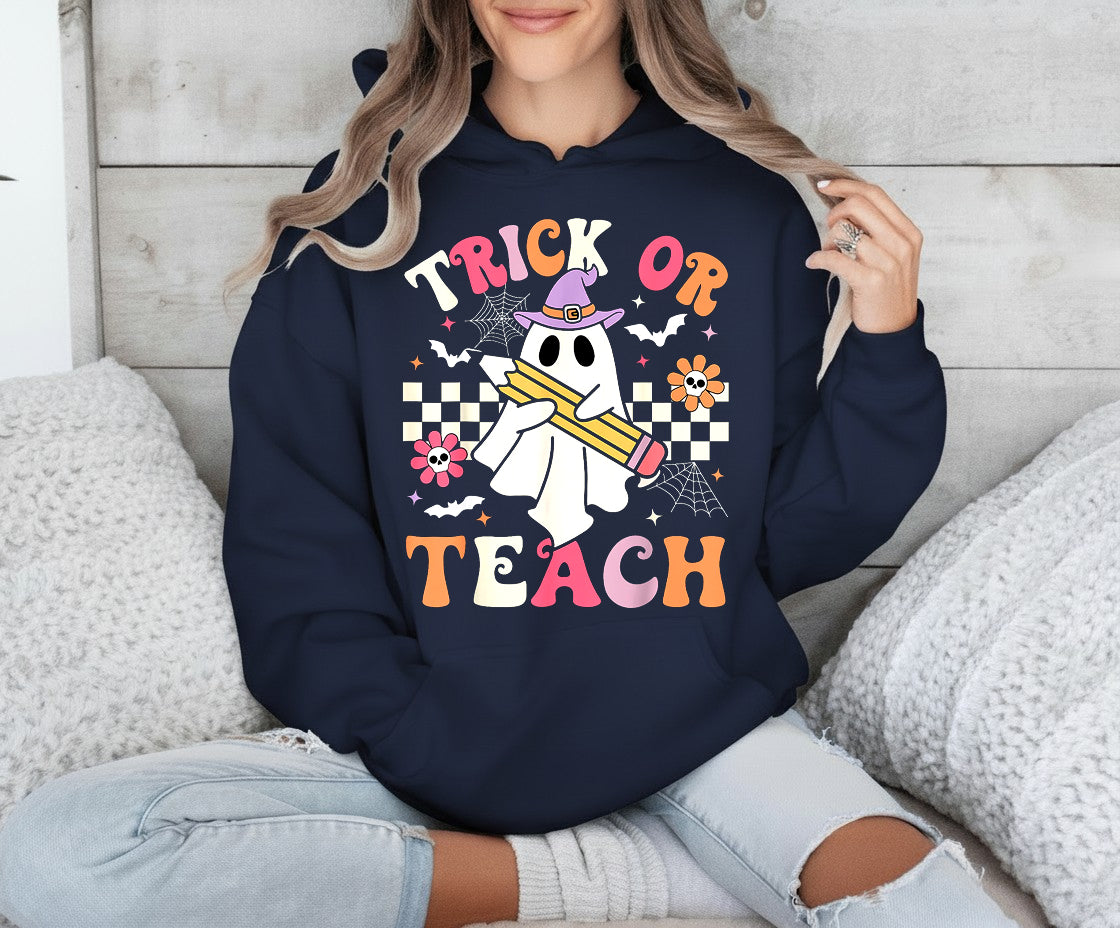 Teacher Halloween Trick or Teach T-Shirt Sweatshirt Hoodie, Halloween Funny Retro Ghost Teacher Shirt