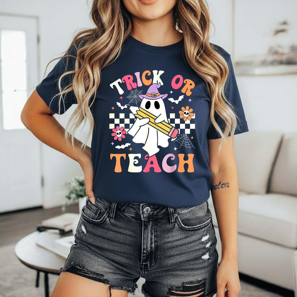 Teacher Halloween Trick or Teach T-Shirt Sweatshirt Hoodie, Halloween Funny Retro Ghost Teacher Shirt