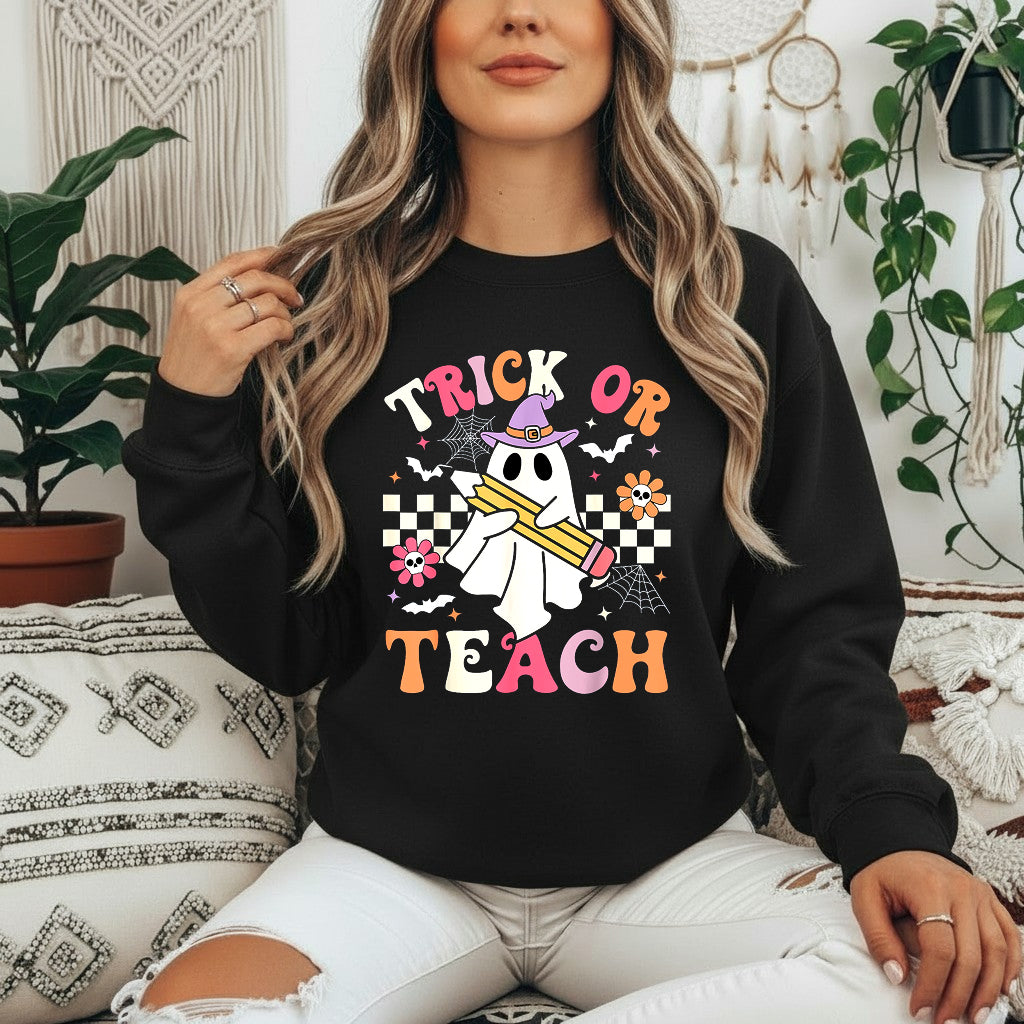 Teacher Halloween Trick or Teach T-Shirt Sweatshirt Hoodie, Halloween Funny Retro Ghost Teacher Shirt