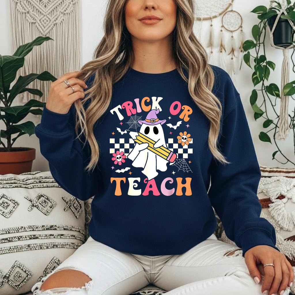 Teacher Halloween Trick or Teach T-Shirt Sweatshirt Hoodie, Halloween Funny Retro Ghost Teacher Shirt