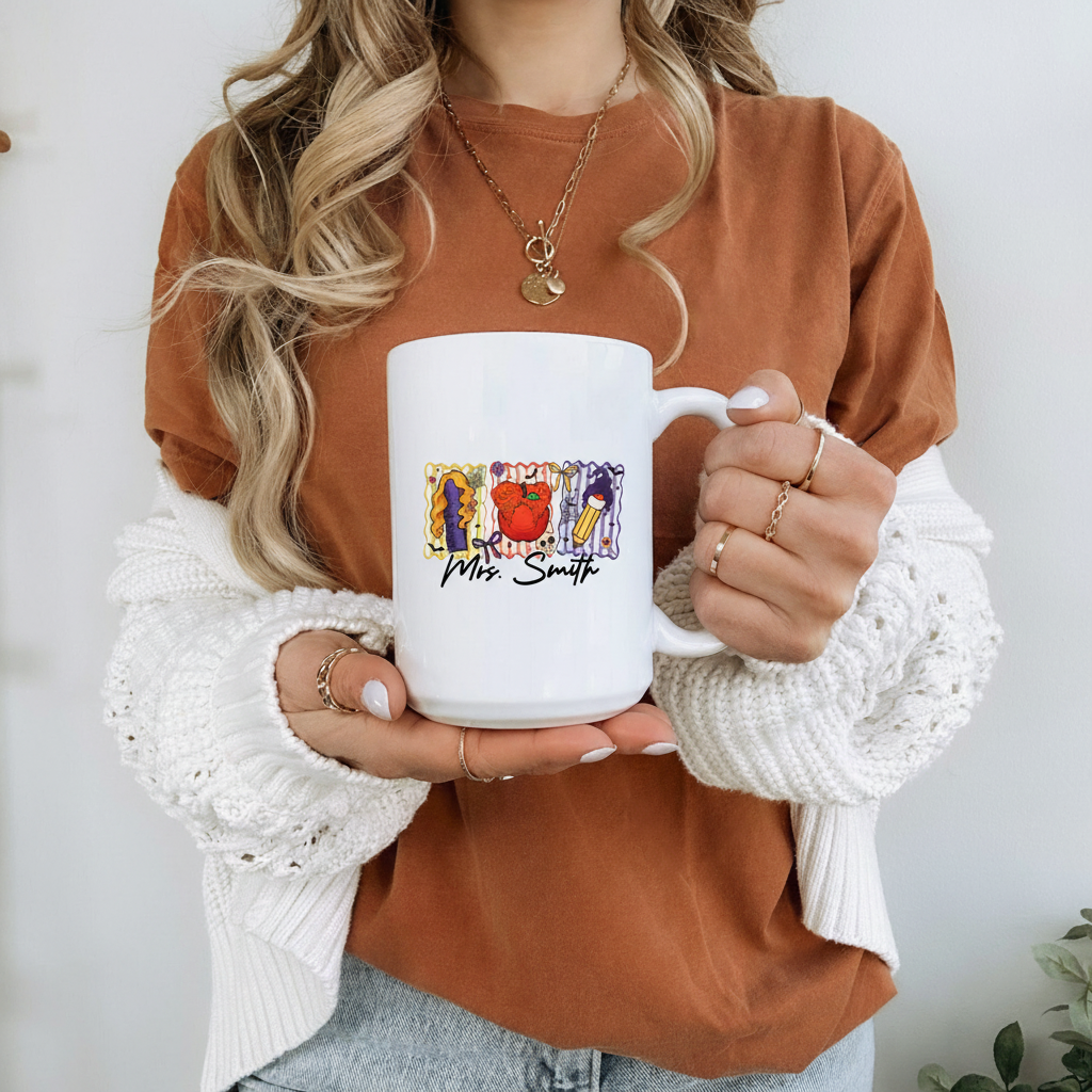 Custom Teacher Halloween Coffee Mug, Custom Name Teacher Mug - Personalized Halloween Spooky Teacher, Teacher Witch Mug
